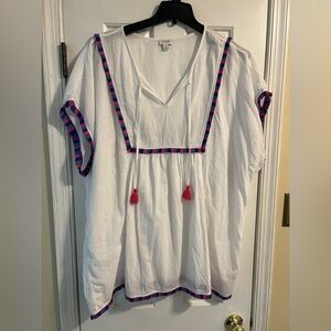 J Crew White with blue/pink fringe beach coverup 2X